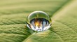 © Gultus - Close up of a clear water droplet on a textured green leaf nature background