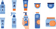 © MstBobita - Sunscreen Bottle and Spray Icon Set Showing Sun Protection Cosmetics for Summer Skincare, Beach Safety, Travel Essentials, and UV Care Vector Design