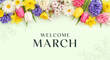 © Kaji - Welcome March floral banner with spring flowers and pastel background for seasonal greeting cards
