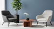 © ariya - Modern living room interior design with chairs table and potted plants
