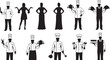 © prof.design - Chef silhouette set, restaurant kitchen staff, professional cook holding knife and tray, waiter serving food, hospitality worker, catering service, bakery.