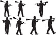 © prof.design - Set of construction worker silhouettes and industrial avatars featuring men in hard hats, overalls, and cleaners carrying brooms for work.