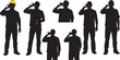 © prof.design - Set of construction worker silhouettes, industrial avatars in hard hats, men drinking water on break, and cleaners carrying brooms for work.