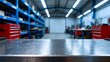 © Danish - Empty industrial metal workbench surface in a blurred manufacturing workshop setting featuring storage shelves and tool cabinets for product placement.