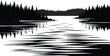 © Hello World - Serene landscape silhouette featuring a calm lake reflection surrounded by dense pine forest trees for wilderness nature conservation and travel