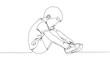 © krisnanto - Continuous line drawing of a young boy learning to tie his shoelaces, showcasing childhood development and independent skill acquisition