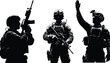 © Mst - Black and white silhouette illustration of armed soldiers in tactical gear, military team coordination concept for defense, security, combat training, and stock design content