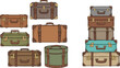 © Priyanka - Vintage Travel Suitcases Collection with Retro Leather Luggage Trunks and Classic Baggage Cartoon Vector Illustration Set