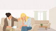 © Jhon - Depressed young woman crying during a therapy session. Compassionate female psychologist comforting a sad patient on the couch. Mental health counseling and psychological support vector illustration.