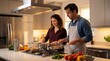 © Muhammad - Happy couple cooking a meal together in a bright, contemporary kitchen, stirring ingredients in pans on a gas stovetop with fresh vegetables on the counter.