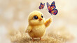 © ZanKost - Cute yellow chick reaching for colorful butterfly in soft background