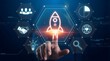 © Sharmin - Hand touching digital rocket launch icon in futuristic business technology interface with innovation and growth concepts glowing blue