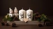 © kashif - A cozy Scandinavian Christmas display featuring 'God Jul' candles, cute snowmen figurines, and pine cones in a wooden tray.