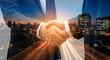 © Mariia - A double-sided handshake image and a night cityscape. Two businessmen shake hands to conclude a successful deal. Investment agreement. Concept of teamwork and partnership. Men in business suits