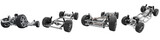 Automotive Rolling Chassis Collection, Vehicle Frame and Drivetrain Suspension Set, Performance Car Chassis Engineering Components, Isolated PNG