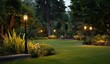 © SKIMP Art - landscape lighting in the backyard, showcasing well-lit grass and plants with multiple warm yellow led lights on each light post Generative AI