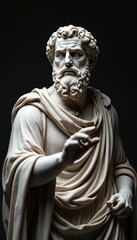  Marble bust sculpture of ancient Greek philosopher Aristotle. Wears draped robes, gestures with hand, conveying wisdom, intellectual thought in classical style. Statue represents philosophy, heritage.