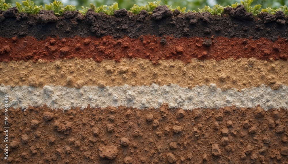 Subsoil Color Cutaway soil profile shows multiple distinct earth layers. Different ...