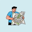 © regulator - Man struggling to understand a complex map, looking confused and lost.