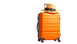 © Kaleng - Orange travel suitcase with hat and sunglasses, against black background