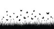© Mariya - A vast silhouette of wild grass and blooming plants fills the lower portion, with numerous black butterflies actively flying above it on a clean white background.