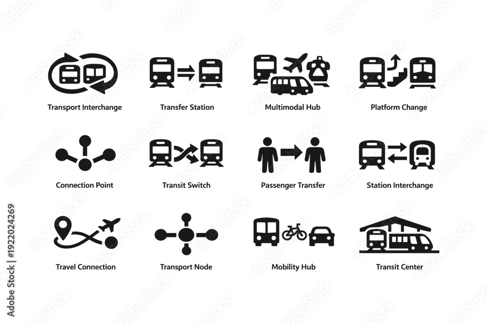 Multimodal Icon Set Transport interchange icons: multimodal hub and mobility solutions ...
