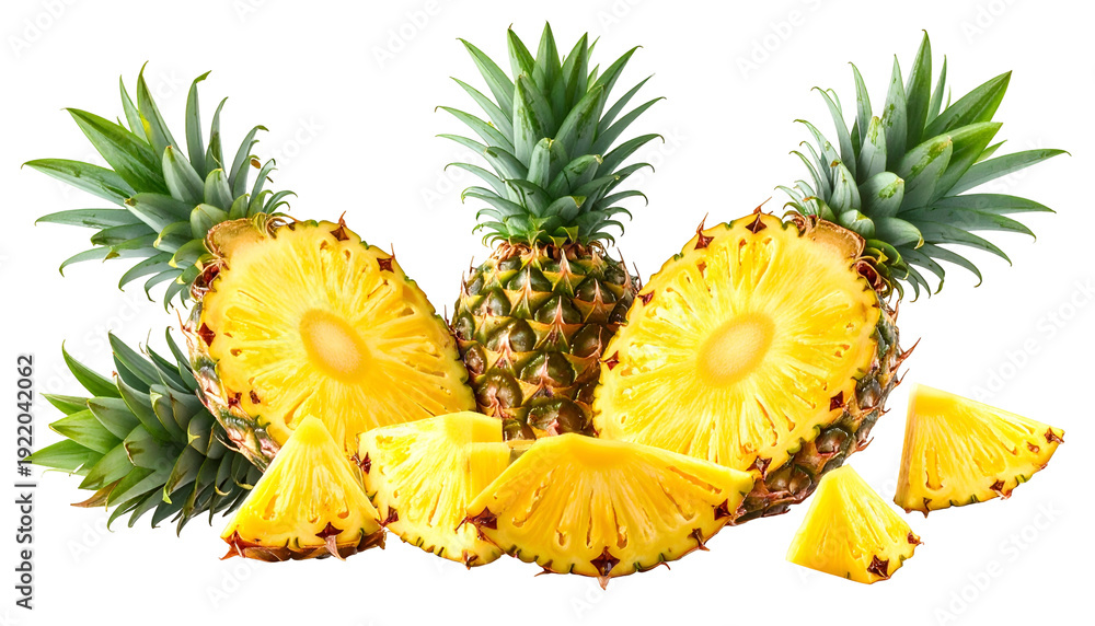 Lush, ripe pineapples, whole and sliced, display a tropical feast on a ...
