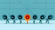 © Ahmed - A single orange megaphone stands out among a row of six identical blue megaphones, symbolizing uniqueness and attention.