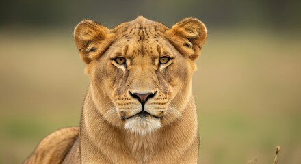  Intense gaze of a lioness in the African savanna.
