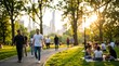 © CuteBee - People are leisurely strolling along a winding path and relaxing on the grass in a sunny city park during golden hour, with a blurred cityscape visible in the distance.