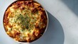 © HO - A delicious lasagna dish with a rich tomato sauce, melted cheese, and fresh herbs on a white plate.