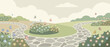 © Abdelfattah - Peaceful butterfly garden landscape with winding stone paths, colorful flowering bushes, and delicate butterflies fluttering under a soft cloudy sky in a serene flat vector illustration style.