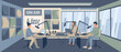 © Adil - Flat Vector Illustration of a Modern Podcast Recording Studio with Three People Broadcasting Live. Features Professional Microphones, Sound Mixer, Laptops, Soundproofing, and City View Window.