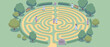 © Adil - Flat Vector Illustration of a Peaceful Community Labyrinth Garden with People Walking for Meditation, Mindfulness, and Spiritual Calm in a Serene Outdoor Park Setting with Trees and Benches.
