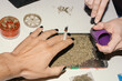© Laura Herrera/Stocksy - marijuana tray with lit joint and rolling tools on table