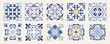 © nataliiaku - Set of 10 tiles azulejios. Mediterranean tile, blue and white seamless patterns. Spanish, Sicilian, Portuguese, Italian traditional ornaments. Set of floral mosaic designs with ethnic motifs. vector