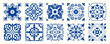 © nataliiaku - Set of 10 tiles azulejios. Mediterranean tile, blue and white seamless patterns. Spanish, Sicilian, Portuguese, Italian traditional ornaments. Set of floral mosaic designs with ethnic motifs. vector