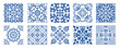 © nataliiaku - Set of 10 tiles azulejios. Mediterranean tile, blue and white seamless patterns. Spanish, Sicilian, Portuguese, Italian traditional ornaments. Set of floral mosaic designs with ethnic motifs. vector