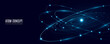 © sersupervector - Atomic structure concept for scientific research presentation or cover. Futuristic glowing atom featuring blue elliptical rings circling a radiant central core on black background. Vector illustration