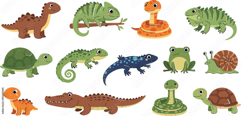 Set of cute reptile and amphibian vector characters featuring chameleon ...