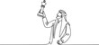 © firoz - Single continuous line drawing Arabian businessman holding, lifting king chess piece. Successful entrepreneurship tactics or strategy, superiority in business. one line Icon drawing