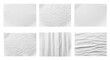 © SK Stock - Collage of six white paper textures, wrinkled, creased, and smooth surfaces