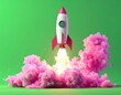© Ahmad - A rocket ship blasts off into a green sky with pink smoke