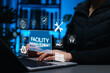 © Sandwish - Facility Management Concept. Professional works on laptop with digital icons representing facility management, security, maintenance tools, AI, sustainability, safety, and smart building operations.