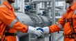 © MDSHAFIQ - Industrial Partnership Deal: Professional handshake between two engineers in orange safety uniforms, factory plant maintenance, technical service agreement and cooperation concept