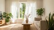 © Alexandra - Open window with white curtains blowing in fresh spring air. Sunlight filling clean living room. Indoor plants, minimal modern interior, sense of freshness.