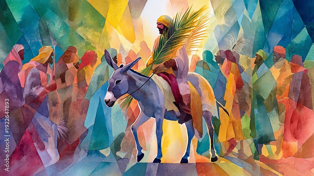 A vibrant illustration of Jesus Christ riding a donkey into Jerusalem ...