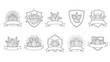 © MD - Almond nut emblems with decorative shields, sun rays, and ribbon banners are presented as black and white line art icons.