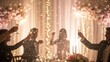 © Festivo Studio - An elegant and joyous group of silhouetted guests, dressed in formal attire, are seen raising their crystal champagne flutes filled with golden sparkling wine in a festive toast, set against a