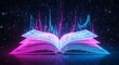 © Real - Open book emits glowing digital data and financial charts.